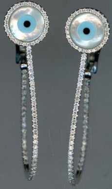 LARGE 0.75CT DIAMOND & AAA MOTHER OF PEARL 14K WHITE GOLD EVIL EYE OVAL EARRINGS