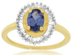 1.10CT DIAMOND & AAA TANZANITE 14KT 2 TONE GOLD OVAL & BAGUETTE BALLERINA RING