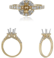 .60CT DIAMOND 14KT TWO TONE GOLD ROUND FLORAL 4 PRONG SEMI MOUNT ENGAGEMENT RING