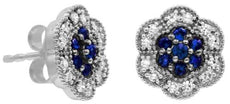 ESTATE .45CT DIAMOND & AAA SAPPHIRE 14K WHITE GOLD FLOWER FILIGREE STUD EARRINGS