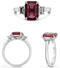 3.60CT DIAMOND & AAA RUBY PLATINUM 3D EMERALD & TRAPEZOID 3 STONE CLASSIC RING
