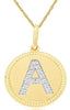 .07CT DIAMOND 14KT YELLOW GOLD 3D CLASSIC A INITIAL CIRCULAR FLOATING PENDANT