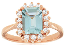 1.65CT DIAMOND & AAA AQUAMARINE 14KT ROSE GOLD EMERALD CUT HALO ENGAGEMENT RING
