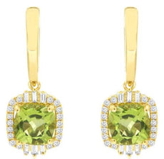 3.19CT DIAMOND & AAA PERIDOT 14KT YELLOW GOLD CUSHION ROUND & BAGUETTE EARRINGS