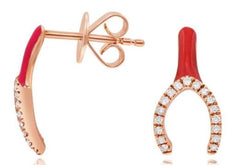 .10CT DIAMOND & RED ENAMEL 14KT ROSE GOLD 3D LUCKY HORSESHOE HANGING EARRINGS