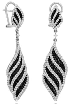 LARGE 4.45CT WHITE & BLACK DIAMOND 18KT WHITE GOLD DOUBLE LEAF HANGING EARRINGS
