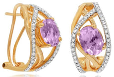 2.73CT DIAMOND & AAA AMETHYST 14K YELLOW GOLD OVAL & ROUND LEAF HANGING EARRINGS