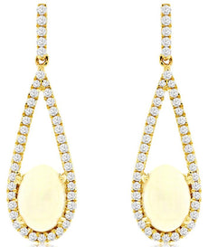 1.35CT DIAMOND 14KT YELLOW & AAA OPAL GOLD 3D OVAL & ROUND FUN HANGING EARRINGS