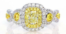 .93CT WHITE & FANCY YELLOW DIAMOND 18KT 2 TONE GOLD DOUBLE HALO ENGAGEMENT RING