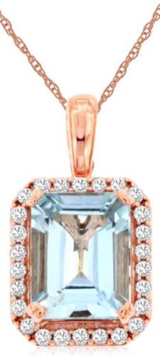 2.20CT DIAMOND & AAA AQUAMARINE 14KT ROSE GOLD EMERALD CUT & ROUND HALO PENDANT