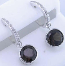 2.94CT DIAMOND & AAA SMOKY QUARTZ 14KT WHITE GOLD ROUND CLASSIC HANGING EARRINGS