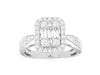LARGE 1CT DIAMOND 14KT WHITE GOLD ROUND & BAGUETTE CLUSTER SQUARE HALO LOVE RING
