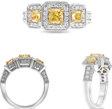 1.97CT WHITE & FANCY YELLOW DIAMOND 18K 2 TONE GOLD CUSHION & ROUND 3 STONE RING