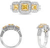 1.97CT WHITE & FANCY YELLOW DIAMOND 18K 2 TONE GOLD CUSHION & ROUND 3 STONE RING