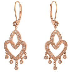 .30CT DIAMOND 14K ROSE GOLD 3D DOUBLE HEART TEAR DROP LEVERBACK HANGING EARRINGS