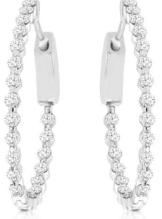 1CT DIAMOND 14KT WHITE GOLD ROUND SHARED PRONG INSIDE OUT HOOP HANGING EARRINGS