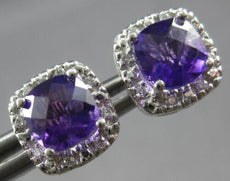 1.08CT DIAMOND & AAA AMETHYST 14KT WHITE GOLD CUSHION & ROUND HALO STUD EARRINGS