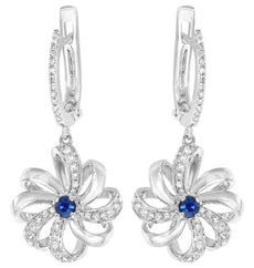 .65CT DIAMOND & AAA SAPPHIRE 14K WHITE GOLD 3D FLOWER LEVERBACK HANGING EARRINGS