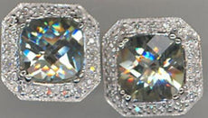 3.78CT DIAMOND & AAA GREEN AMETHYST 14K WHITE GOLD CUSHION & ROUND STUD EARRINGS