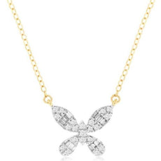 ESTATE .15CT DIAMOND 14K 2 TONE GOLD 3D ROUND & BAGUETTE BUTTERFLY LOVE NECKLACE