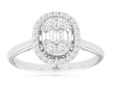 .50CT DIAMOND 14KT WHITE GOLD ROUND & BAGUETTE CLUSTER OVAL HALO FRIENDSHIP RING