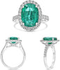 LARGE 5.25CT DIAMOND & AAA EMERALD 18KT WHITE GOLD OVAL & ROUND ENGAGEMENT RING