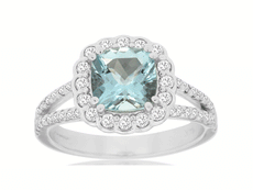 2.1CT DIAMOND & AAA AQUAMARINE 14KT WHITE GOLD 3D CUSHION FLOWER ENGAGEMENT RING
