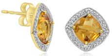 3.51CT DIAMOND & AAA CITRINE 14KT YELLOW GOLD 3D CUSHION & ROUND SQUARE EARRINGS