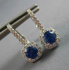 1.50CT DIAMOND & AAA CEYLON SAPPHIRE 18K WHITE GOLD SQUARE HALO HANGING EARRINGS