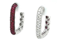 1.42CT DIAMOND & AAA RUBY 18KT WHITE GOLD 3 ROW FUN HUGGIE HOOP HANGING EARRINGS