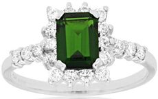 1.50CT DIAMOND & AAA RUSSALITE 14KT WHITE GOLD EMERALD CUT HALO ENGAGEMENT RING
