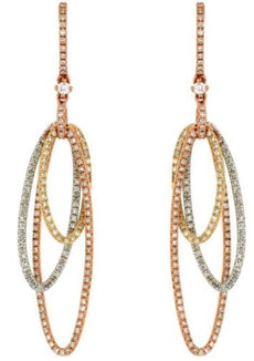 ESTATE LARGE 1.15CT DIAMOND 14K TRI COLOR GOLD OVAL TRINITY FUN HANGING EARRINGS