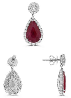 LARGE 7.1CT DIAMOND & AAA RUBY 18K WHITE GOLD PEAR SHAPE & ROUND FLOWER EARRINGS
