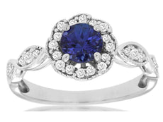 .87CT DIAMOND & AAA TANZANITE 14KT WHITE GOLD ROUND HALO FLOWER ENGAGEMENT RING
