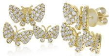 ESTATE 1.03CT DIAMOND 18K YELLOW GOLD TRIPLE BUTTERFLY FUN LOVE HANGING EARRINGS