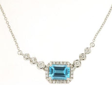 1.35CT DIAMOND & AAA BLUE TOPAZ 14K WHITE GOLD EMERALD CUT & ROUND LOVE NECKLACE
