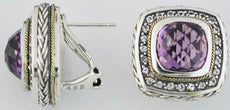LARGE 9.55CT AAA AMETHYST & WHITE TOPAZ 14KT YELLOW GOLD SQUARE CLIP ON EARRINGS