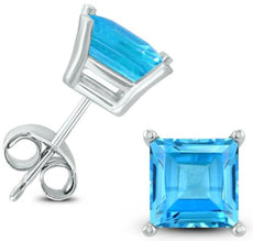 3.0CT AAA BLUE TOPAZ 14KT WHITE GOLD 3D CLASSIC PRINCESS SOLITAIRE STUD EARRINGS