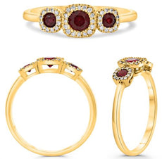 .48CT DIAMOND & AAA RUBY 14KT YELLOW GOLD 3 STONE HALO PAST PRESENT FUTURE RING