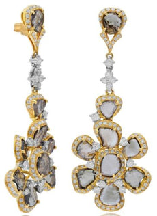 LARGE 6.21CT WHITE & MULTI COLOR SLICE DIAMOND 18KT TRI COLOR GOLD 3D EARRINGS