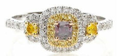 .61CT WHITE PINK & FANCY YELLOW DIAMOND 18KT TRI COLOR GOLD CUSHION 3 STONE RING