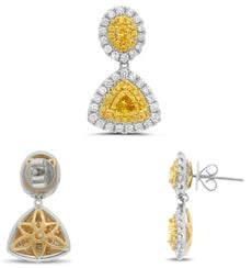 2.37CT WHITE & FANCY YELLOW DIAMOND 18K 2 TONE GOLD OVAL & TRILLION FUN EARRINGS