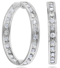 1.46CT DIAMOND 14K WHITE GOLD ROUND CLASSIC CHANNEL HUGGIE HOOP HANGING EARRINGS