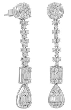 LARGE 1.77CT DIAMOND 18KT WHITE GOLD ROUND & BAGUETTE CLUSTER TEAR DROP EARRINGS