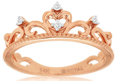 .05CT DIAMOND 14KT ROSE GOLD 3D CLASSIC ROUND HEART SHAPE FILIGREE CROWN RING
