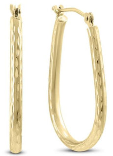 ESTATE 14KT YELLOW GOLD 3D CLASSIC HAMMERED DESIGN OVAL HOOP HANGING EARRINGS