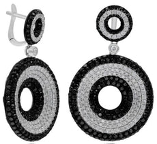 LARGE 6.70CT WHITE & BLACK DIAMOND 18KT WHITE GOLD 3D MULTI ROW HANGING EARRINGS