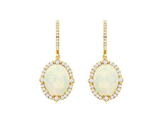 6.70CT DIAMOND & AAA OPAL 14K YELLOW GOLD OVAL FLOWER LEVERBACK HANGING EARRINGS