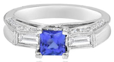 1.54CT DIAMOND & AAA TANZANITE 18KT WHITE GOLD 3D PRINCESS ROUND & BAGUETTE RING