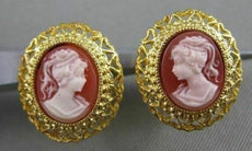 ANTIQUE 14K YELLOW GOLD LADY SHELL CAMEO FILIGREE OMEGA CLIP EARRINGS #20543